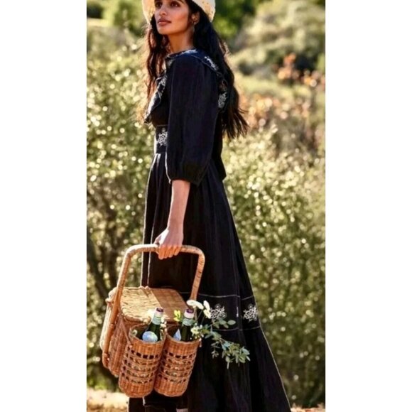 Free People Lovers Lane Maxi Dress Black Embroidered Peasant Size S - Picture 7 of 12